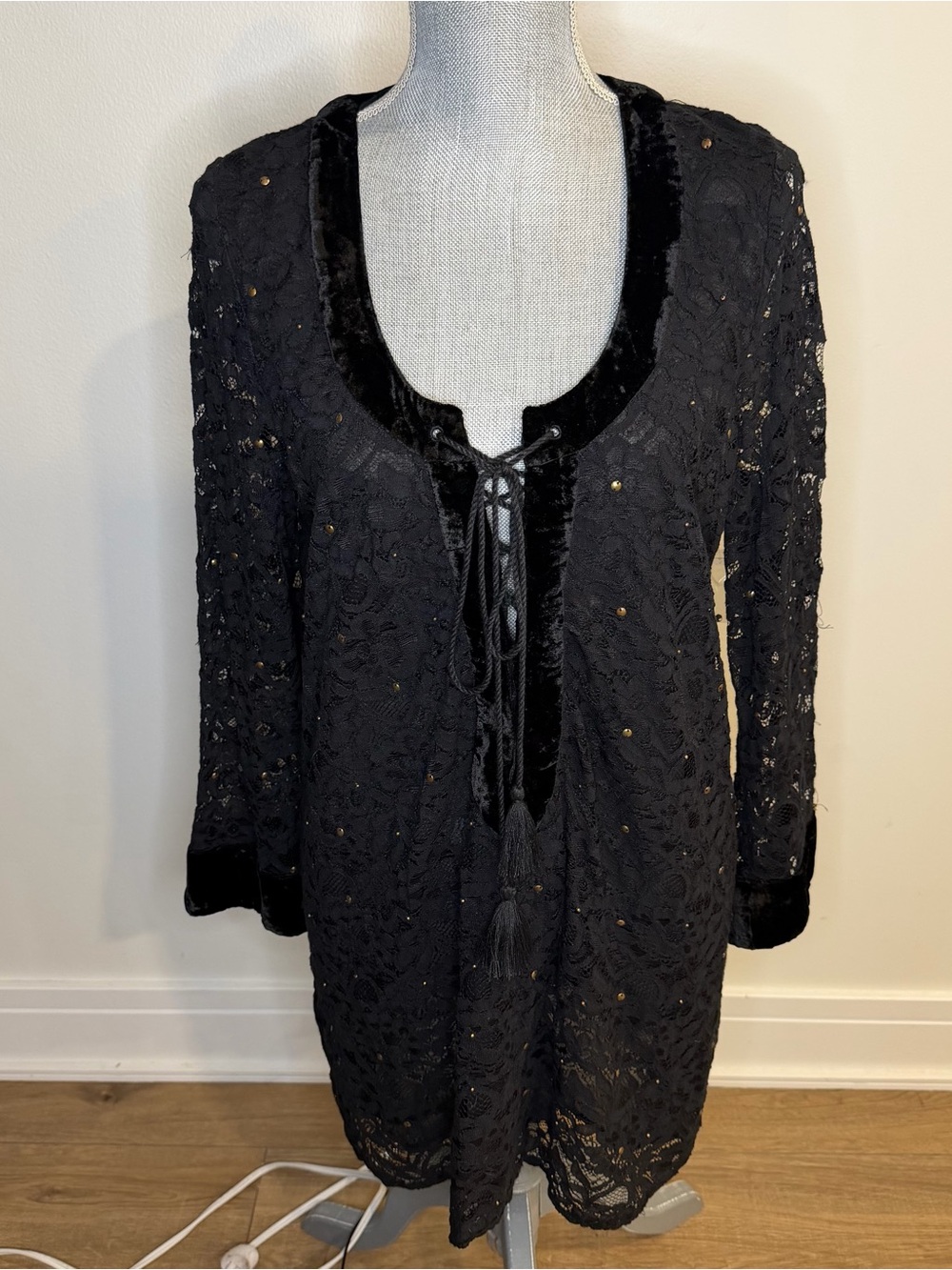 Denim & Supply Ralph Lauren Black Lace Tie-Front tunic, L